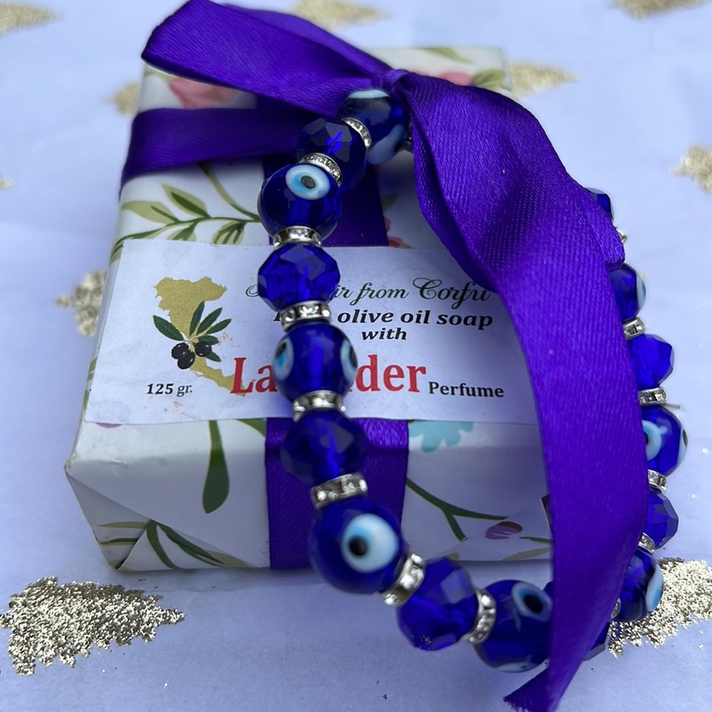 Gift wrapped Souvenir from Greece. Lavender soap with Stretch Evil Eye Bracelet.